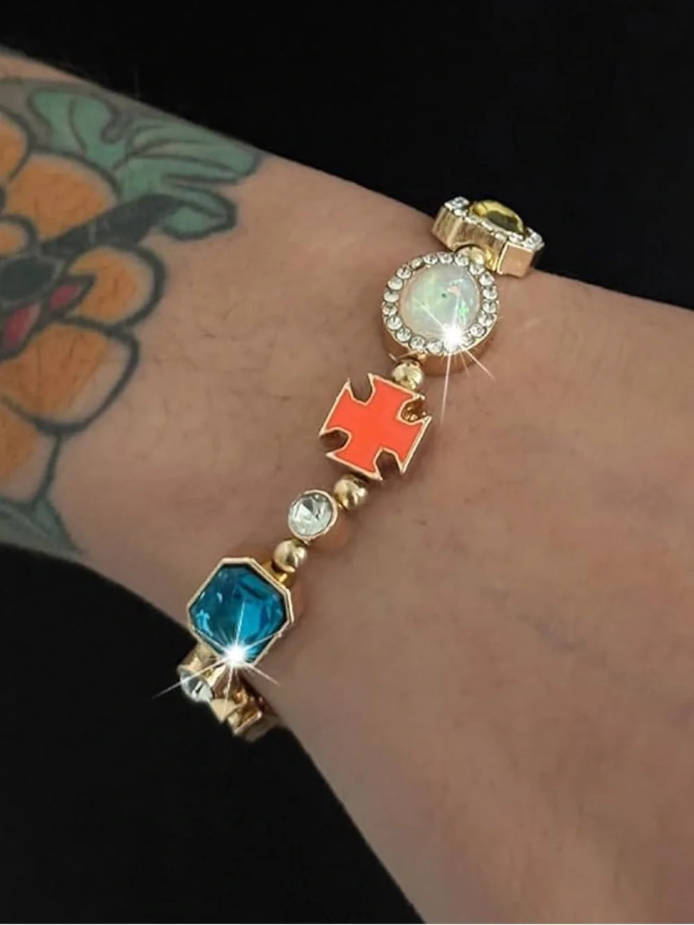 Anthropologie Gold-Tone Multicolor Gem & Cross Charm Bracelet